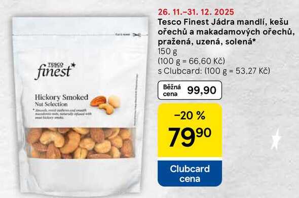 Tesco Finest Jádra mandlí, kešu ořechů a makadamových ořechů, pražená, uzená, solená, 150 g  