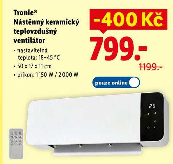 Tronic Nástěnný keramický teplovzdušný ventilátor 