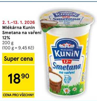Mlékárna Kunin Smetana na vaření 12%, 200 g  