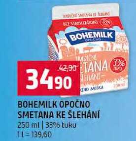 BOHEMILK OPOČNO SMETANA KE ŠLEHÁNÍ 250 ml 33% tuku