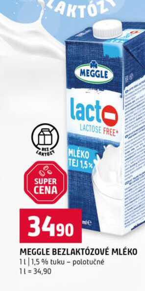 MEGGLE BEZLAKTÓZOVÉ MLÉKO 1l 1,5% tuku polotučné 