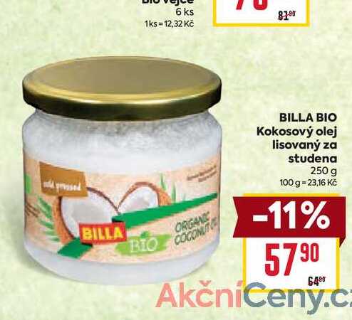 BILLA BIO Kokosový olej lisovaný za studena 250 g 