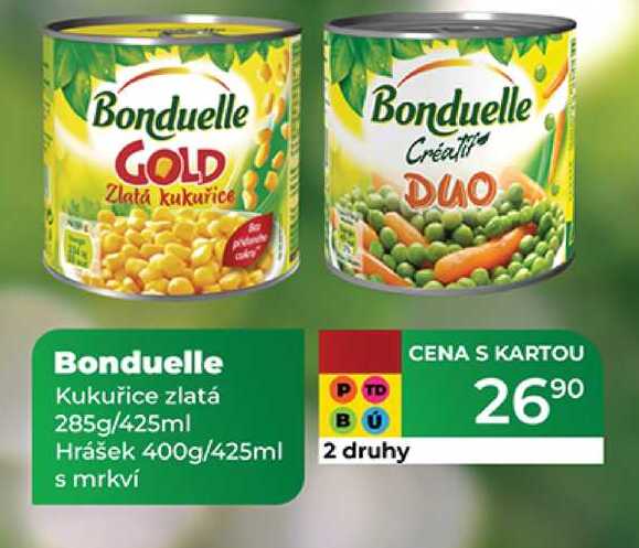 Bonduelle Kukuřice zlatá 285g/425ml Hrášek 400g/425ml s mrkví 