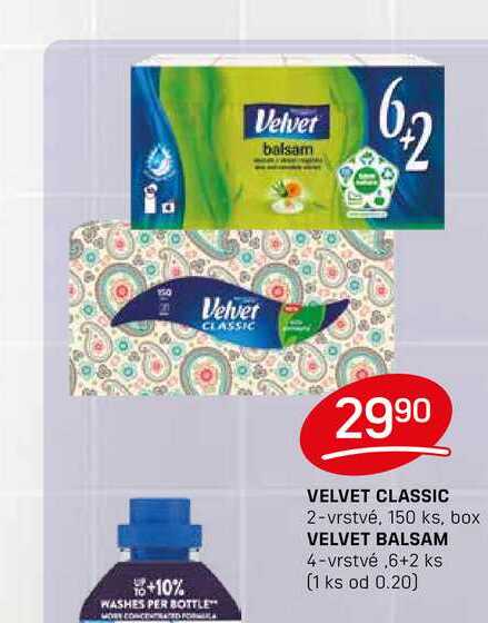 VELVET CLASSIC 2-vrstvé, 150 ks, box VELVET BALSAM 4-vrstvé,6+2 ks  