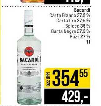 Bacardi Carta Blanca 37,5% Carta Oro 37,5 % Spiced 35% Carta Negra 37,5% Razz 27% 1l