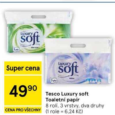 Tesco Luxury soft Toaletní papír, 8 rolí, 3 vrstvy, dva druhy 