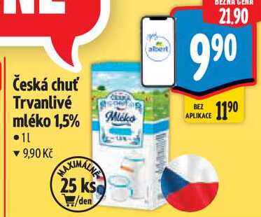 Česká chuť Trvanlivé mléko 1,5%, 1 l