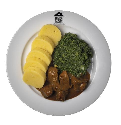 Hovězí kostky na česneku se špenátem a bramborovými knedlíky