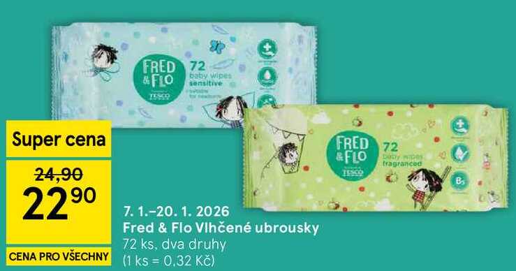 Fred & Flo Vlhčené ubrousky, 72 ks, dva druhy 