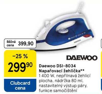 Daewoo DSI-8034 Napařovací žehlička, 1400 W. nepřilnavá žehlicí plocha, nádržka 80 ml, nastavitelný výstup páry. funkce samočištění 
