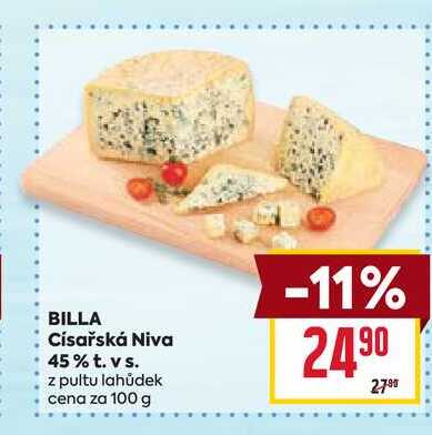 BILLA Císařská Niva 45% t. vs. z pultu lahůdek cena za 100 g