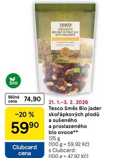 Tesco Směs Bio jader skořápkových plodů a sušeného 5990 a proslazeného bio ovoce, 125 g  