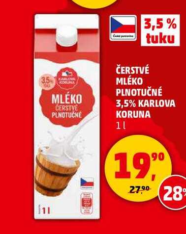 ČERSTVÉ MLÉKO PLNOTUČNÉ 3,5% KARLOVA KORUNA, 1 l