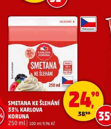 SMETANA KE ŠLEHÁNÍ 33% KARLOVA KORUNA, 250 ml