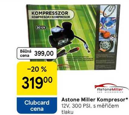 Astone Miller Kompresor, 12V, 300 PSI, s měřičem tlaku 