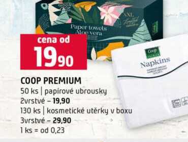 COOP PREMIUM 50 ks papírové ubrousky 2vrstvé 130 ks kosmetické utěrky v boxu 3vrstvé 