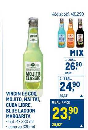 VIRGIN LE COQ MOJITO, MAI TAI, CUBA LIBRE, BLUE LAGOON, MARGARITA 330 ml