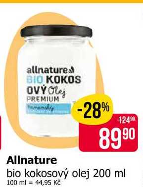Allnature bio kokosový olej 200 ml 