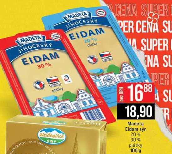 Madeta Eidam sýr 20% 30% plátky 100 g 