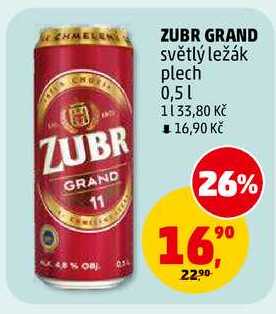 ZUBR GRAND 11 světlý ležák plech, 0,5 l
