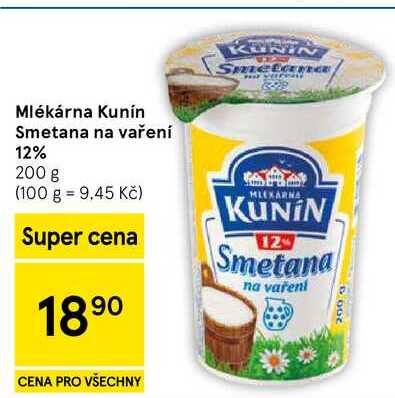 Mlékárna Kunín Smetana na vaření 12%, 200 g 