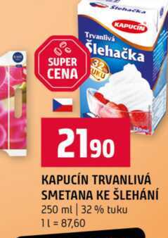 KAPUCÍN TRVANLIVÁ SMETANA KE ŠLEHÁNÍ 250 ml 32% tuku 