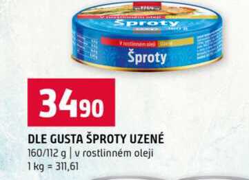 DLE GUSTA ŠPROTY UZENÉ 160/112 g v rostlinném oleji