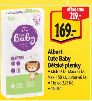   Albert Cute Baby Dětské plenky Midi 62 ks, Maxi 54 ks, Maxi+ 50 ks, Junior 46 ks 