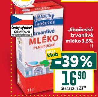 Jihočeské trvanlivé mléko 3,5% 1l