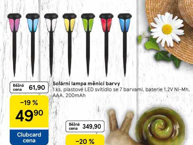 Solární lampa měnící barvy, 1 ks, plastové LED svítidlo se 7 barvami, baterie 1.2V Ni-Mh. AAA, 200mAh 