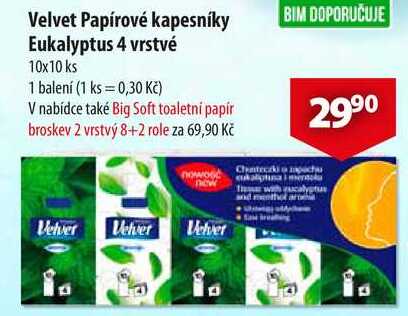 Velvet Papírové kapesníky Eukalyptus 4 vrstvé, 10x 10 ks 