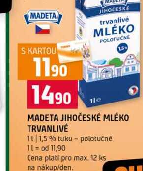 MADETA JIHOČESKÉ MLÉKO TRVANLIVÉ 1,5 % tuku polotučné 1l