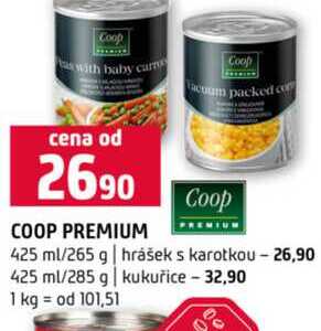 COOP PREMIUM 425 ml/265 g hrášek s karotkou 425 ml/285 g kukuřice 