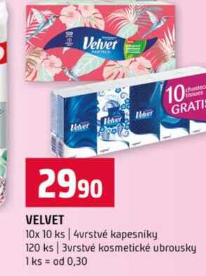 VELVET 10x 10 ks 4vrstvé kapesníky 120 ks 3vrstvé kosmetické ubrousky