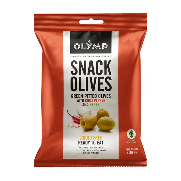 Olymp Zelené olivy bez pecky s chilli papričkou a bylinkami
