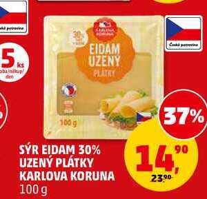 SÝR EIDAM 30% UZENÝ PLÁTKY KARLOVA KORUNA, 100 g