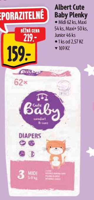 Albert Cute Baby Plenky, Midi 62 ks, Maxi 54 ks, Maxi+ 50 ks, Junior 46 ks