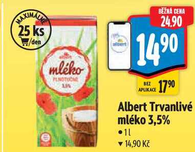 Albert Trvanlivé mléko 3,5%, 1 l