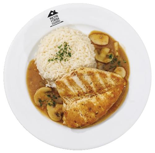 Kuřecí plátek se žampiony a dušenou rýží