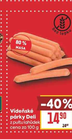 Vídeňské párky Deli z pultu lahůdek cena za 100 g