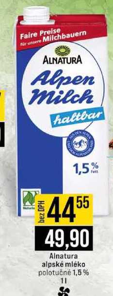 Alnatura alpské mléko polotučné 1,5% 1l 