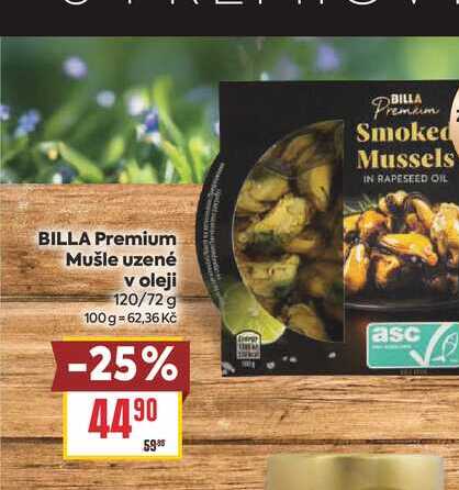 BILLA Premium Mušle uzené v oleji 120/72 g