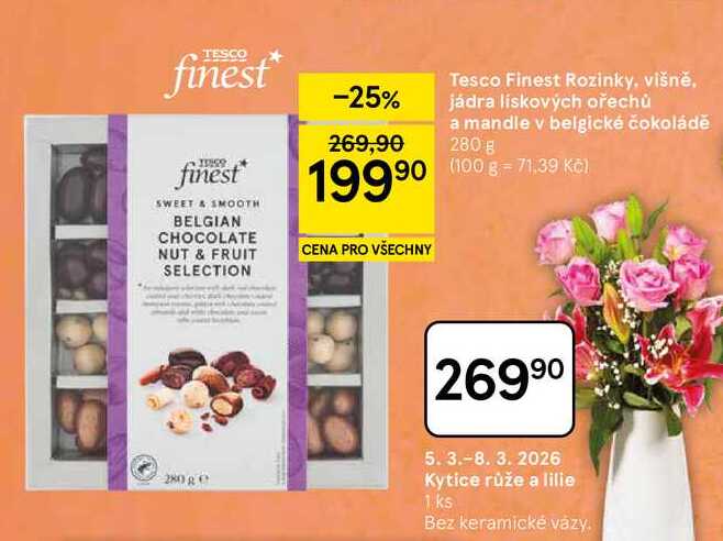 Tesco Finest Rozinky, višně, jádra lískových ořechů a mandle v belgické čokoládě, 280 g 