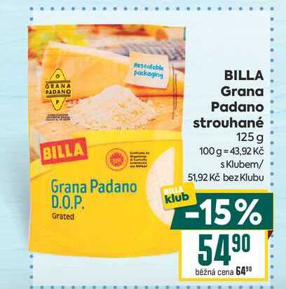 BILLA Grana Padano strouhané 125 g