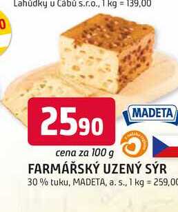 MADETA FARMÁŘSKÝ UZENÝ SÝR 30% tuku, 100g