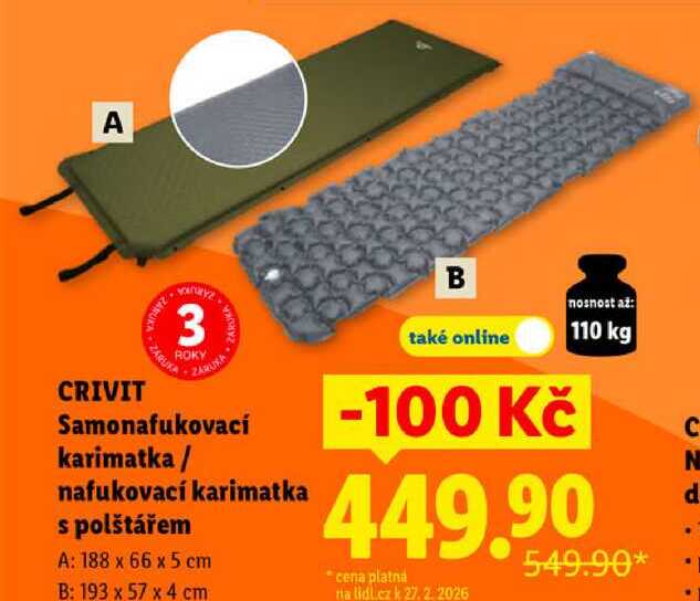 CRIVIT Samonafukovací karimatka/nafukovací karimatka s polštářem 