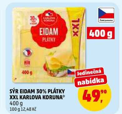 SÝR EIDAM 30% PLÁTKY XXL KARLOVA KORUNA, 400 g