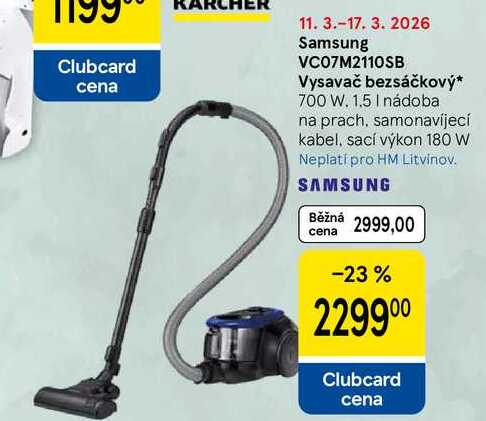 Samsung VC07M2110SB Vysavač bezsáčkový, 700 W. 1.5 I nádoba na prach, samonavíjecí kabel, sací výkon 180 W 