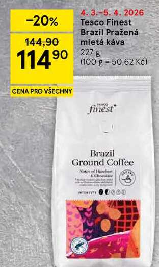 Tesco Finest Brazil Pražená mletá káva, 227 g 