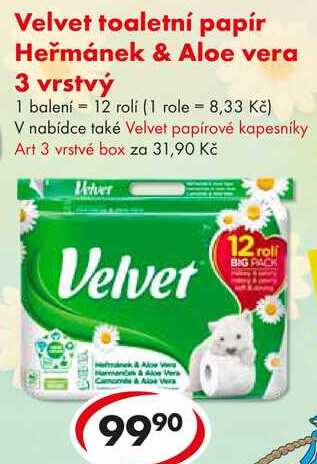 Velvet toaletní papír Heřmánek & Aloe vera 3 vrstvý, 12 rolí 